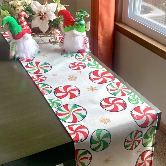 Other - Whimsical Christmas Red Green Peppermint Candy Gold Snowflakes 72" Table Runner